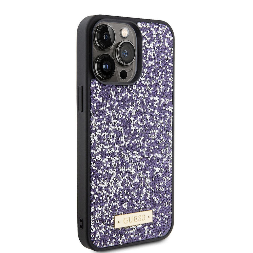 Apple iPhone 15 Pro Max Uyumlu Kılıf Guess Orjinal Lisanslı Taşlı Arka Yüzey Metal Yazı Logolu Kapak