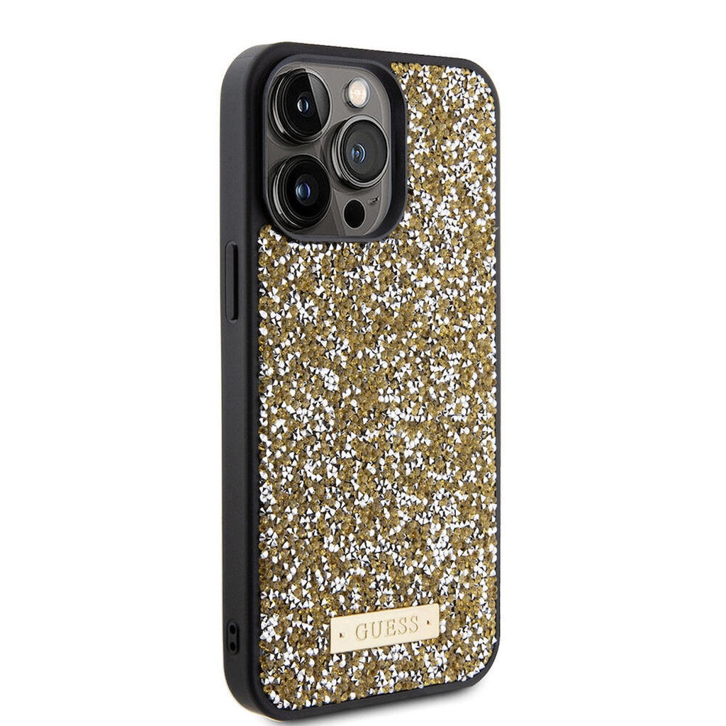 Apple iPhone 15 Pro Max Uyumlu Kılıf Guess Orjinal Lisanslı Taşlı Arka Yüzey Metal Yazı Logolu Kapak