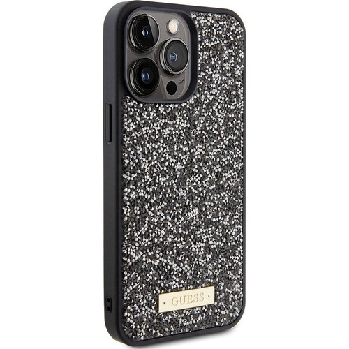 [ZTA94741] Apple iPhone 15 Pro Max Uyumlu Kılıf Guess Orjinal Lisanslı Taşlı Arka Yüzey Metal Yazı Logolu Kapak (Siyah)