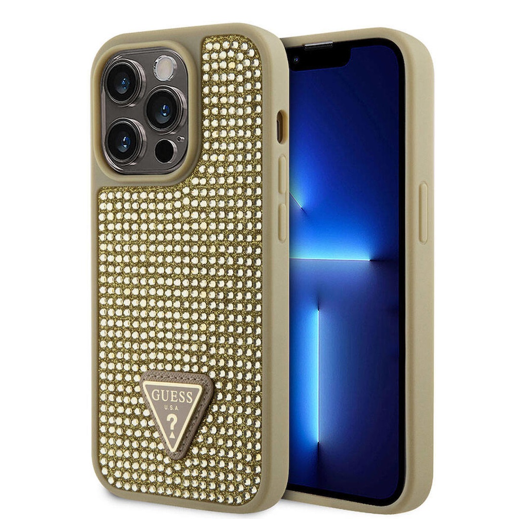Apple iPhone 15 Pro Uyumlu Kılıf Guess Orjinal Lisanslı Taşlı Arka Yüzey Üçgen Logolu Kapak