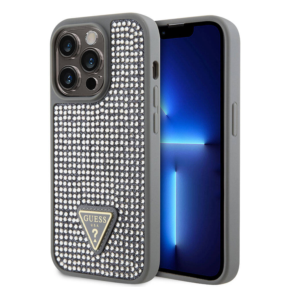 Apple iPhone 15 Pro Uyumlu Kılıf Guess Orjinal Lisanslı Taşlı Arka Yüzey Üçgen Logolu Kapak