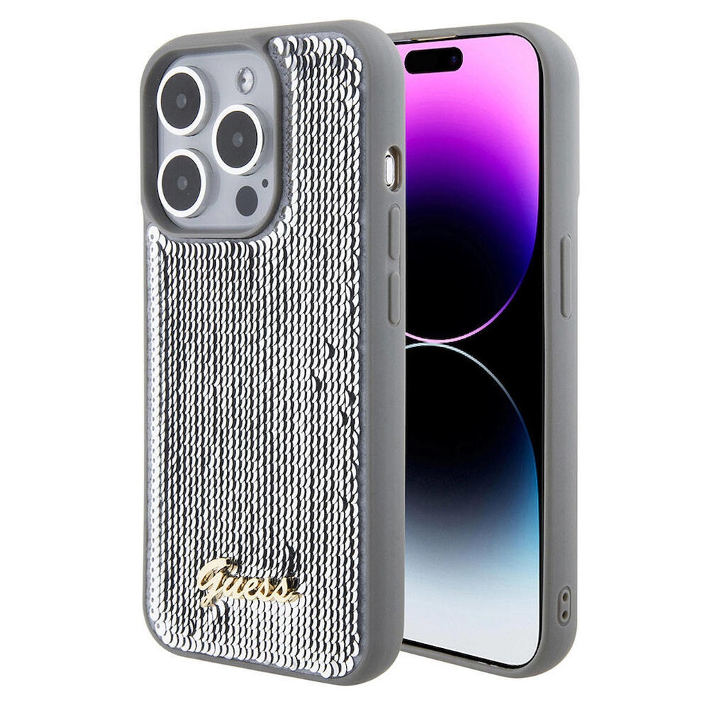Apple iPhone 15 Pro Uyumlu Kılıf Guess Orjinal Lisanslı Pullu Arka Yüzey Metal Yazı Logolu Sequin Script Kapak