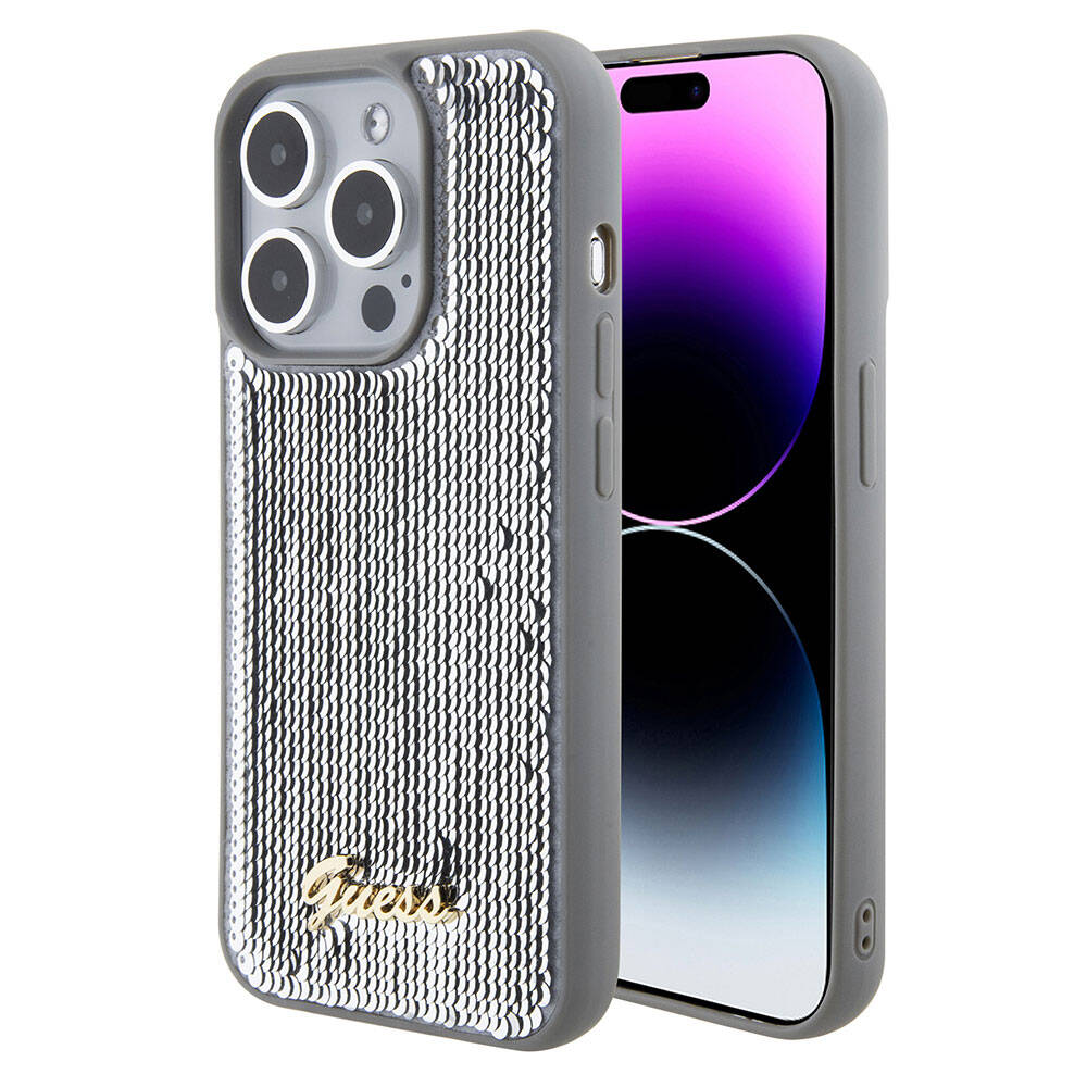 Apple iPhone 15 Pro Max Uyumlu Kılıf Guess Orjinal Lisanslı Pullu Arka Yüzey Metal Yazı Logolu Sequin Script Kapak
