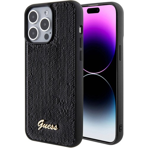 [ZTA94745] Apple iPhone 15 Pro Max Uyumlu Kılıf Guess Orjinal Lisanslı Pullu Arka Yüzey Metal Yazı Logolu Sequin Script Kapak (Siyah)