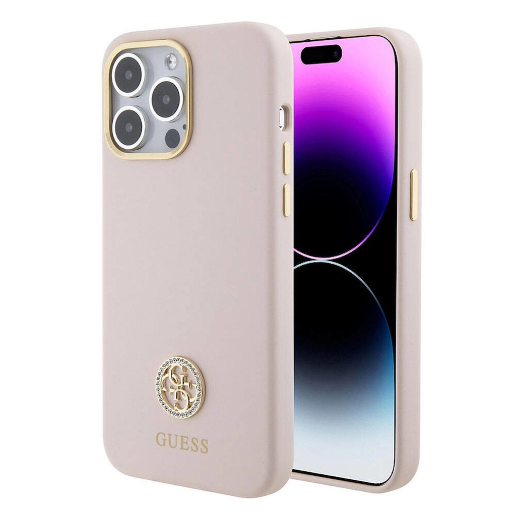 Apple iPhone 15 Pro Max Uyumlu Kılıf Guess Orjinal Lisanslı Yazı ve Taşlı 4G Logolu Metal Kamera Çerçeveli Silikon Kapak