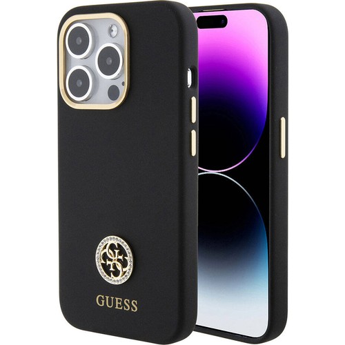Apple iPhone 15 Pro Max Uyumlu Kılıf Guess Orjinal Lisanslı Yazı ve Taşlı 4G Logolu Metal Kamera Çerçeveli Silikon Kapak