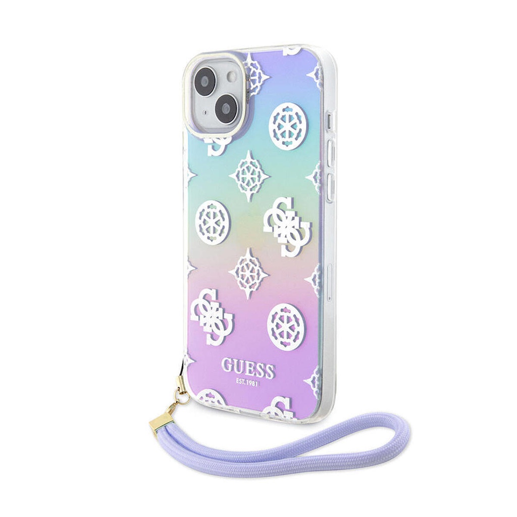 Apple iPhone 15 Uyumlu Kılıf Guess Orjinal Lisanslı Desenli Yazı Logolu Askı İpli Holografik Glitter Peony Kapak