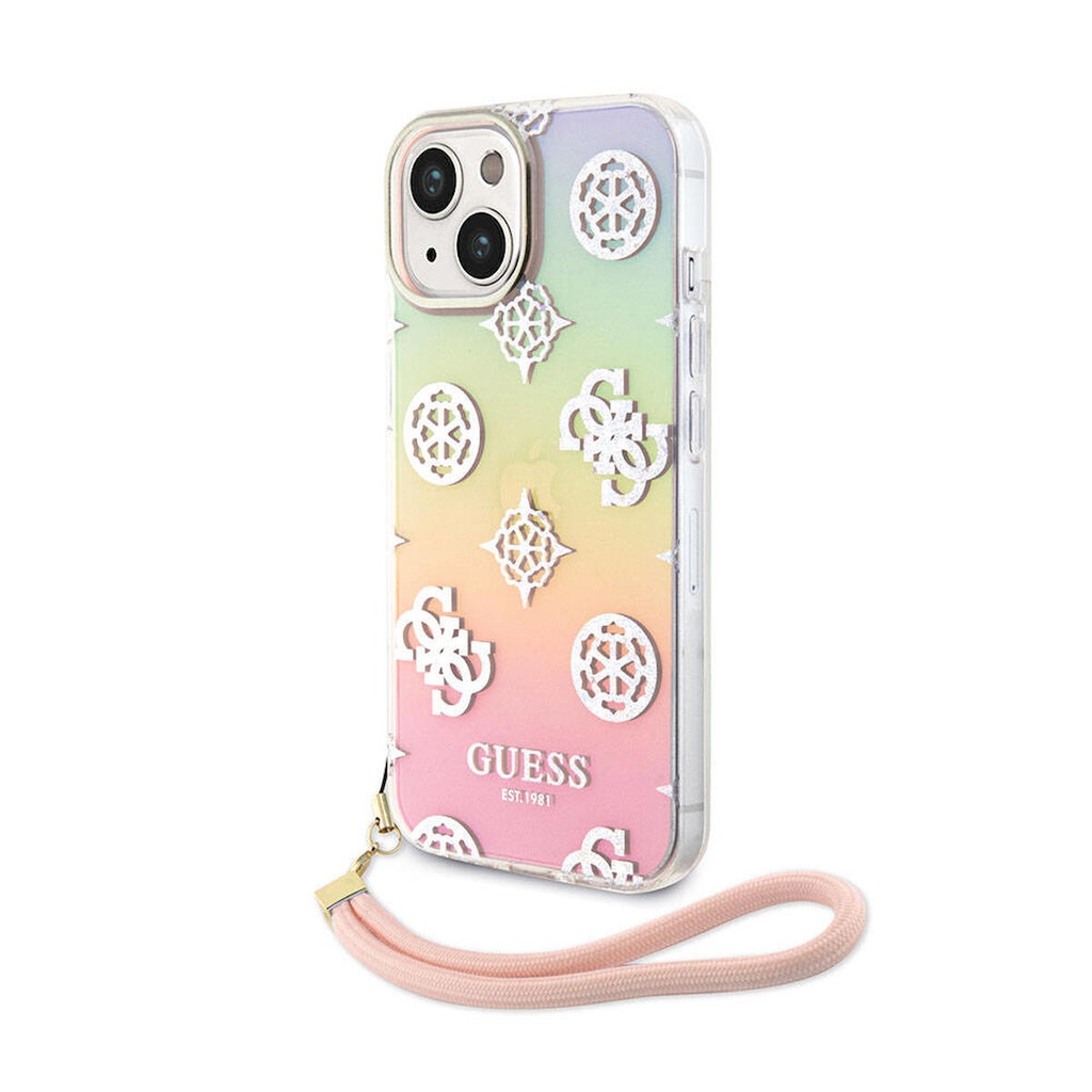 Apple iPhone 15 Uyumlu Kılıf Guess Orjinal Lisanslı Desenli Yazı Logolu Askı İpli Holografik Glitter Peony Kapak