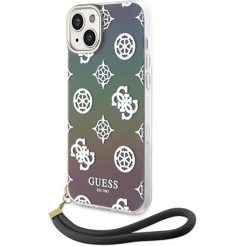 Apple iPhone 15 Uyumlu Kılıf Guess Orjinal Lisanslı Desenli Yazı Logolu Askı İpli Holografik Glitter Peony Kapak