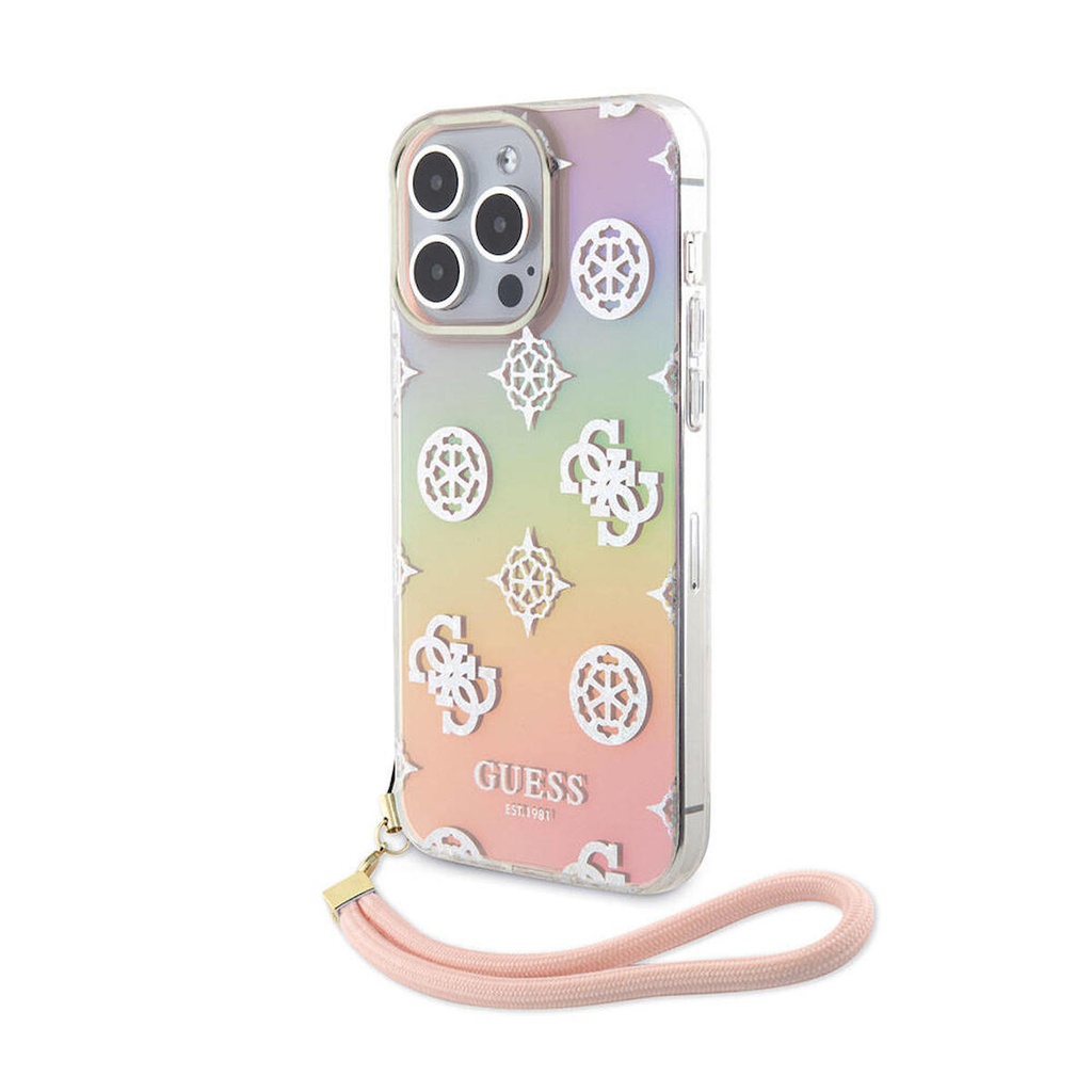 Apple iPhone 15 Pro Max Uyumlu Kılıf Guess Orjinal Lisanslı Desenli Yazı Logolu Askı İpli Holografik Glitter Peony Kapak