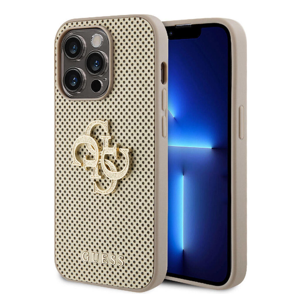 Apple iPhone 14 Pro Max Uyumlu Kılıf Guess Orjinal Lisanslı Delikli Yazı ve 4G Glitter Büyük Metal Logolu Kapak