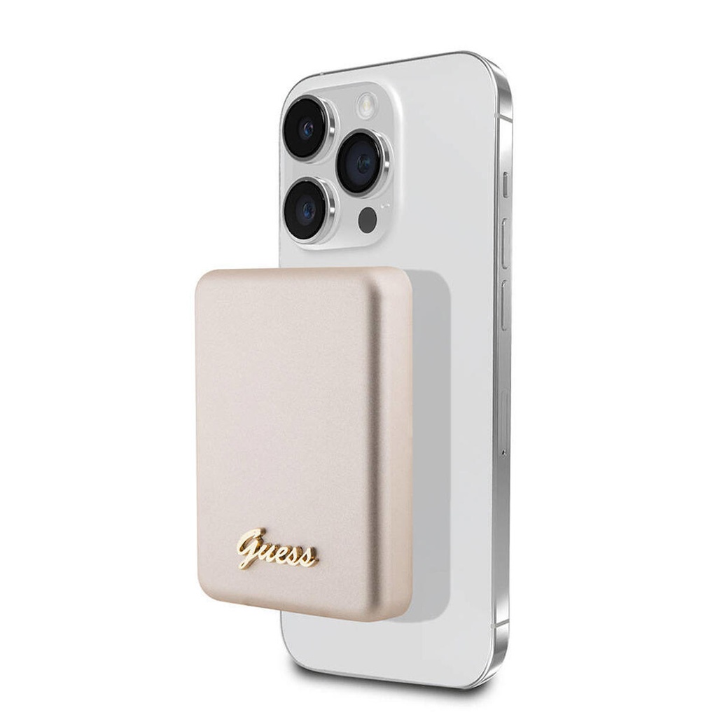 Guess Orjinal Lisanslı M-safe Şarj Özellikli Metal Yazı Logolu Powerbank 5000mAh 15W