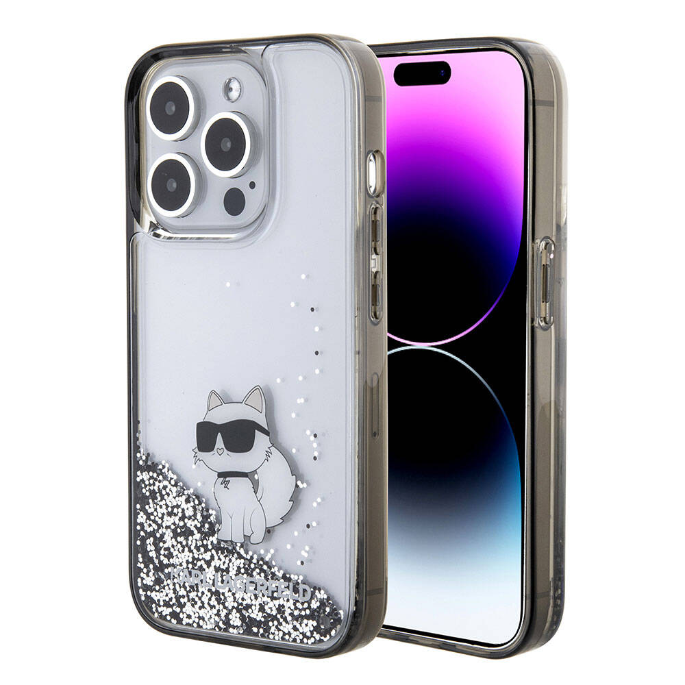 Apple iPhone 15 Pro Uyumlu Kılıf Karl Lagerfeld Choupette Sıvılı Glitter Orjinal Lisanslı Kapak
