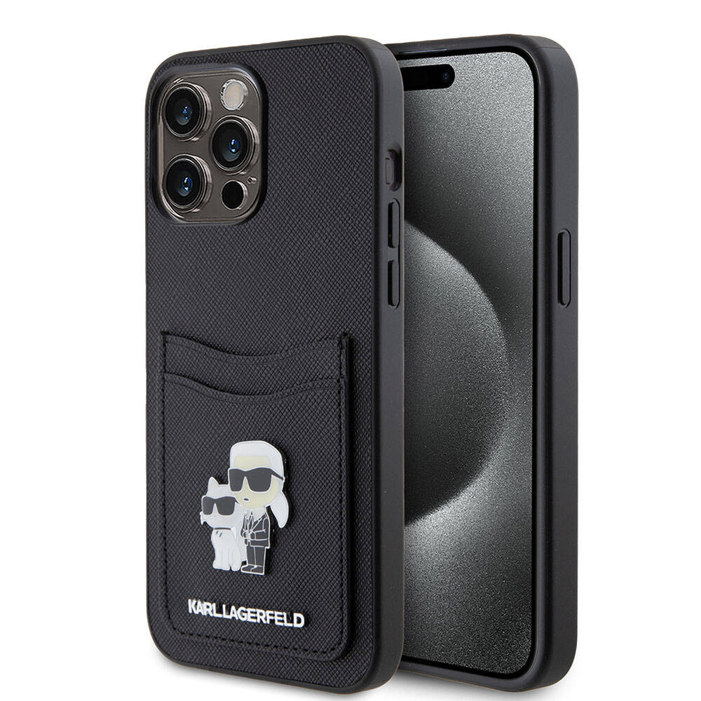 Apple iPhone 15 Pro Max Uyumlu Kılıf Karl Lagerfeld Kartlıklı Metal Logo Orjinal Lisanslı Kapak