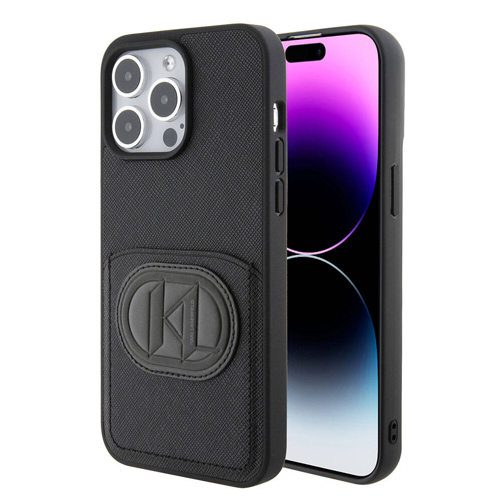 Apple iPhone 15 Pro Max Uyumlu Kılıf Karl Lagerfeld Kartlıklı Saffiano K&L Patch Orjinal Lisanslı Kapak