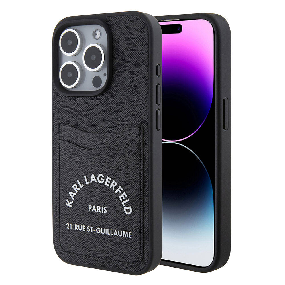 Apple iPhone 15 Pro Max Uyumlu Kılıf Karl Lagerfeld Kartlıklı Saffiano 3D RSG Logo Orjinal Lisanslı Kapak