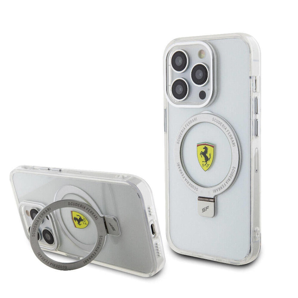 Apple iPhone 15 Pro Uyumlu Kılıf Ferrari M-safe Şarj Özellikli Standlı Buzlu Yüzey Dizayn Kapak
