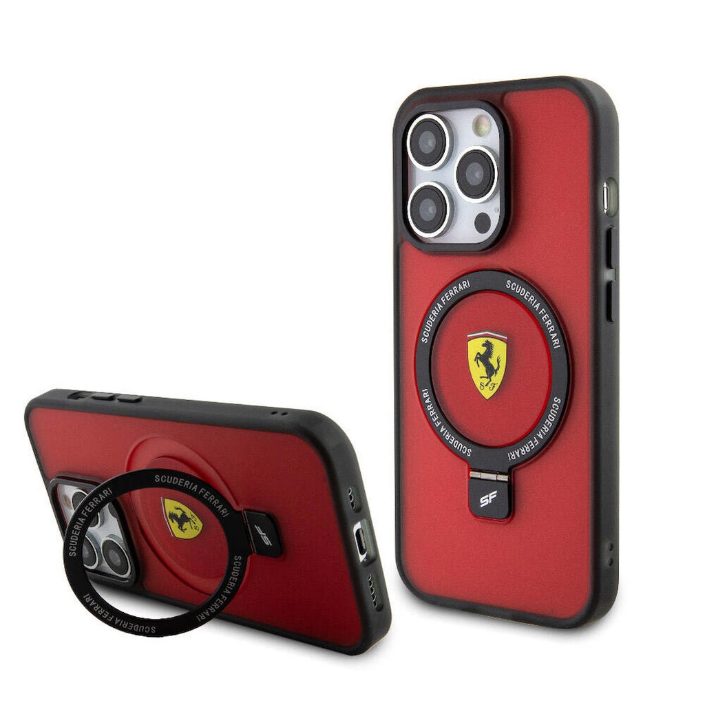 Apple iPhone 15 Pro Uyumlu Kılıf Ferrari M-safe Şarj Özellikli Standlı Buzlu Yüzey Dizayn Kapak
