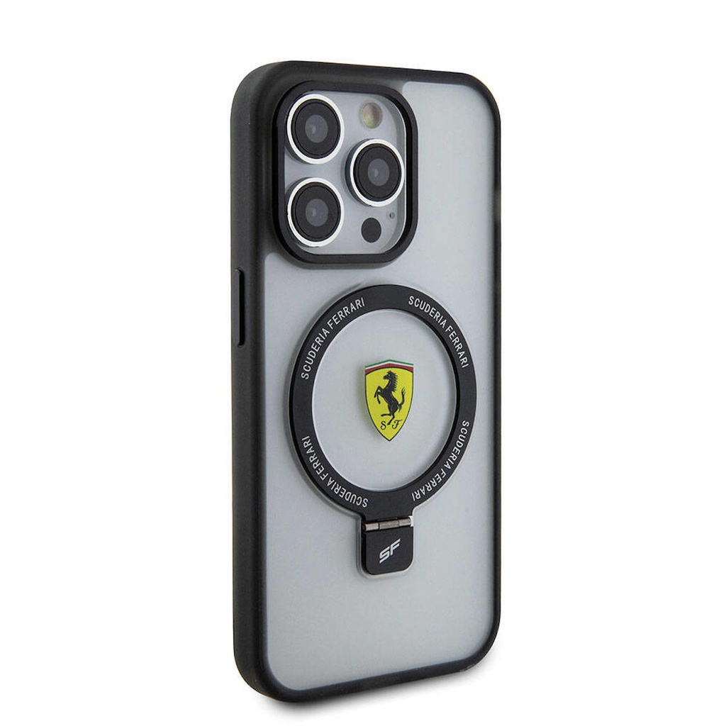 Apple iPhone 15 Pro Uyumlu Kılıf Ferrari M-safe Şarj Özellikli Standlı Buzlu Yüzey Dizayn Kapak