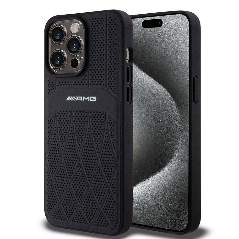 Apple iPhone 15 Pro Max Uyumlu Kılıf AMG Orjinal Lisanslı M-safe Şarj Özellikli Delikli Deri Kıvrımlı Çizgili Kapak