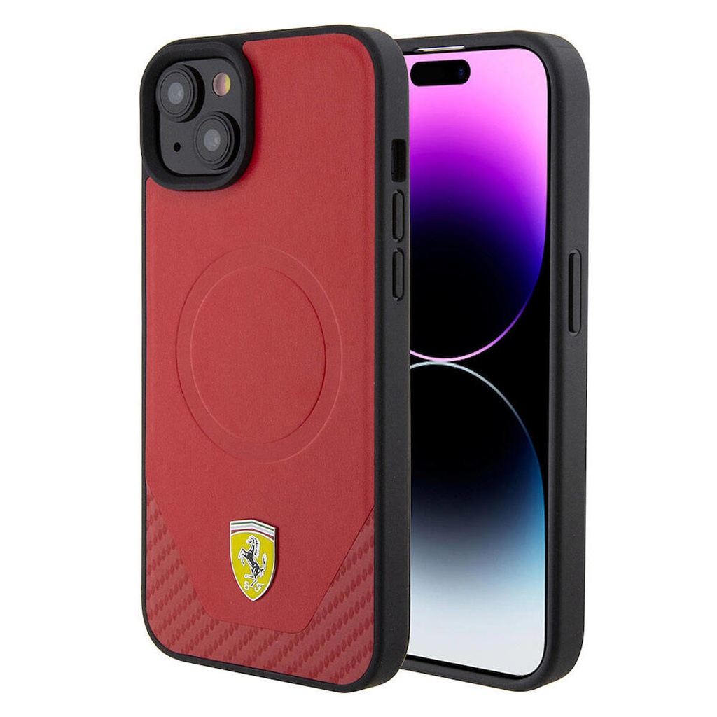 Apple iPhone 15 Plus Uyumlu Kılıf Ferrari Orjinal Lisanslı M-safe Şarj Özellikli Metal Logolu PU Karbon Kapak