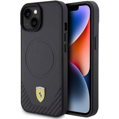 Apple iPhone 15 Plus Uyumlu Kılıf Ferrari Orjinal Lisanslı M-safe Şarj Özellikli Metal Logolu PU Karbon Kapak