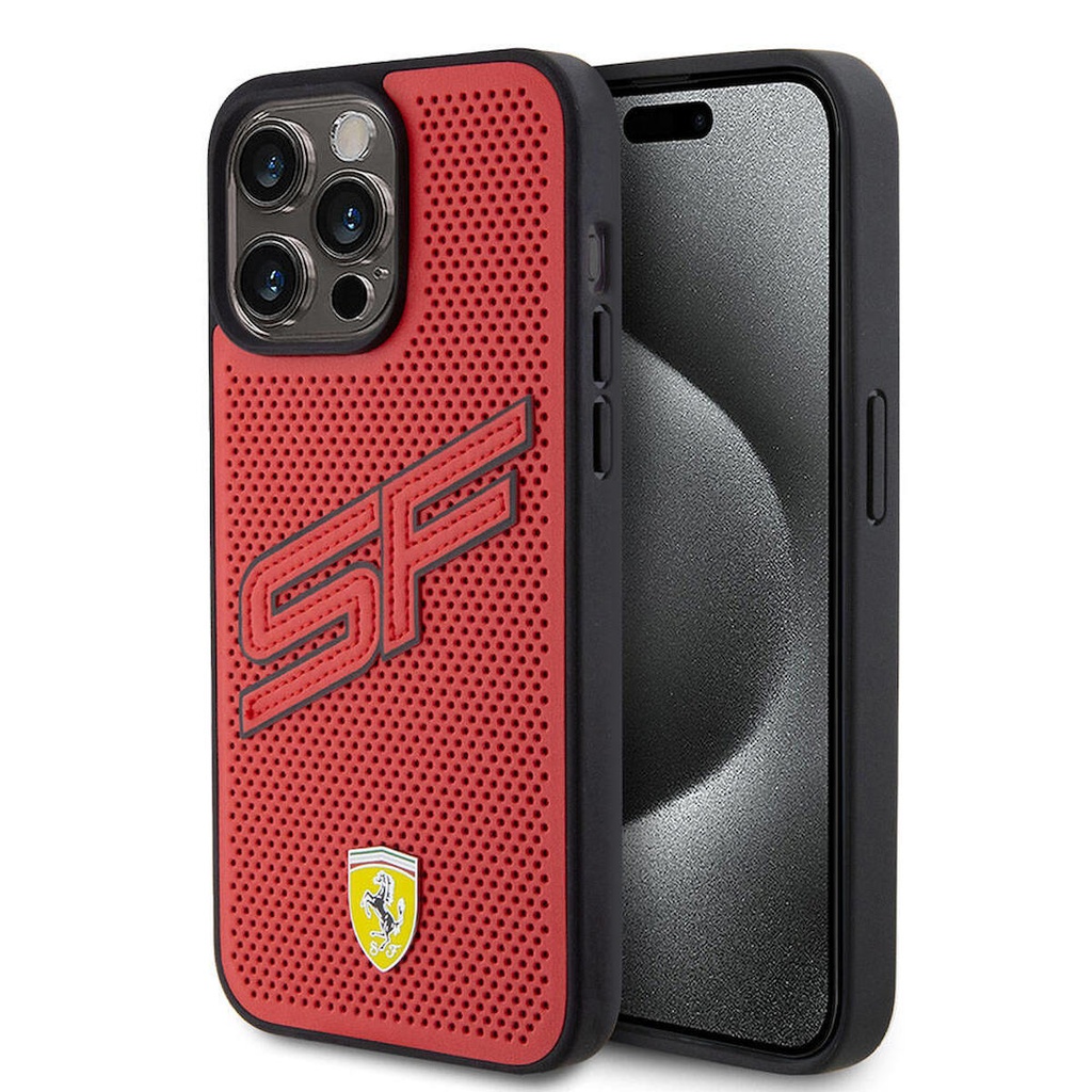 Apple iPhone 15 Pro Max Uyumlu Kılıf Ferrari Orjinal Lisanslı PU Delikli Arka Yüzey Metal Logolu Dikişli Büyük SF Yazılı Kapak