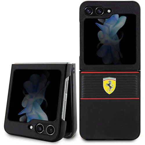 Samsung Galaxy Z Flip 5 Uyumlu Kılıf Ferrari Orjinal Lisanslı PU Deri Metal Logolu Multi Çizgili Kapak