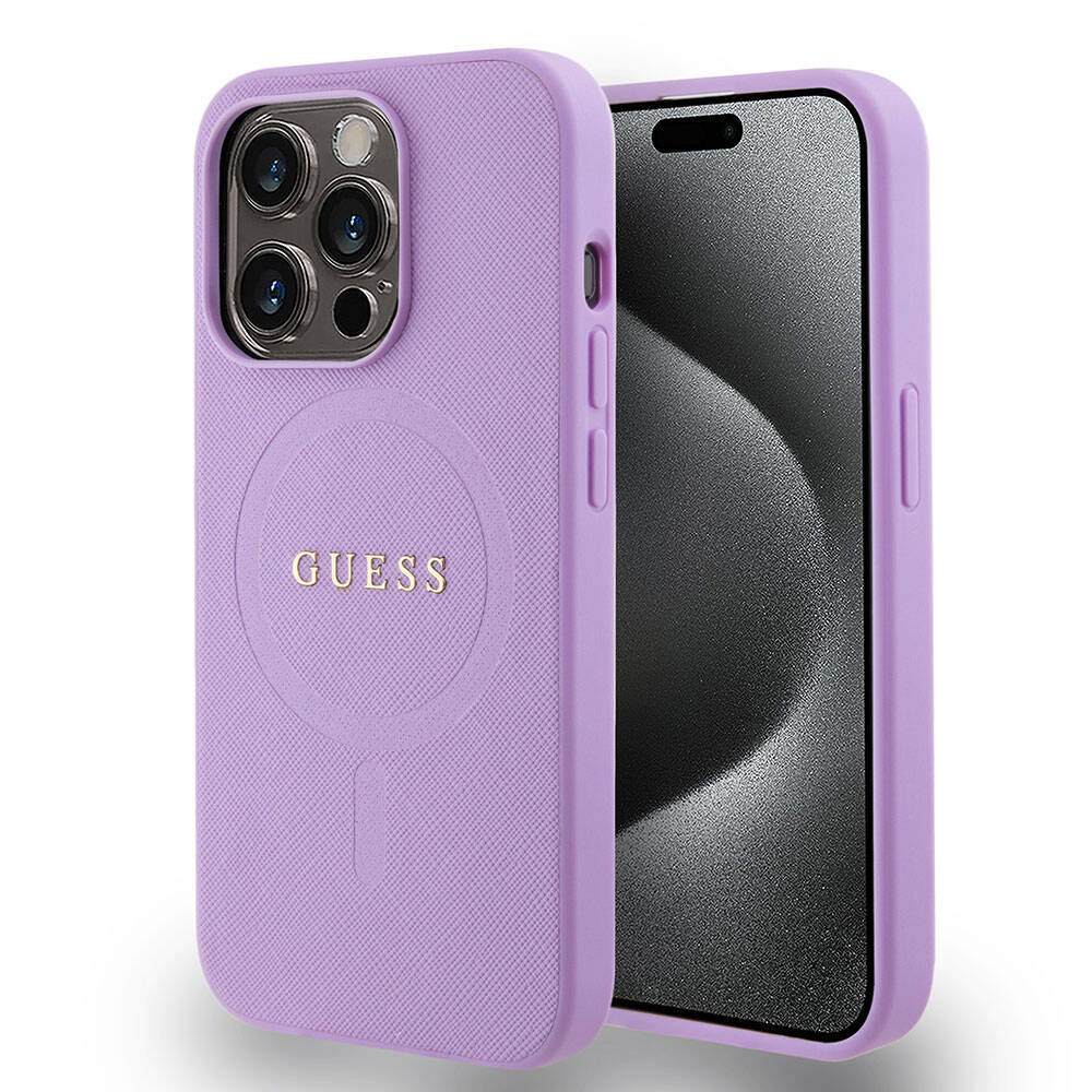 Apple iPhone 15 Pro Uyumlu Kılıf Guess Orjinal Lisanslı M-safe Şarj Özellikli Yazı Logolu Saffiano Kapak