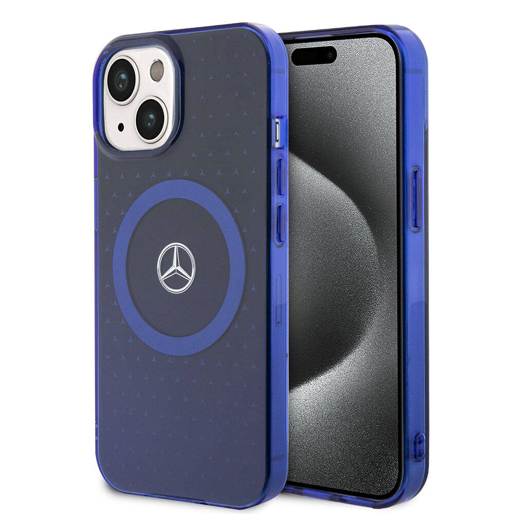 Apple iPhone 15 Uyumlu Kılıf Mercedes Benz Orjinal Lisanslı M-safe Şarj Özellikli Çift Katmanlı Mavi Yıldız Desenli Kapak