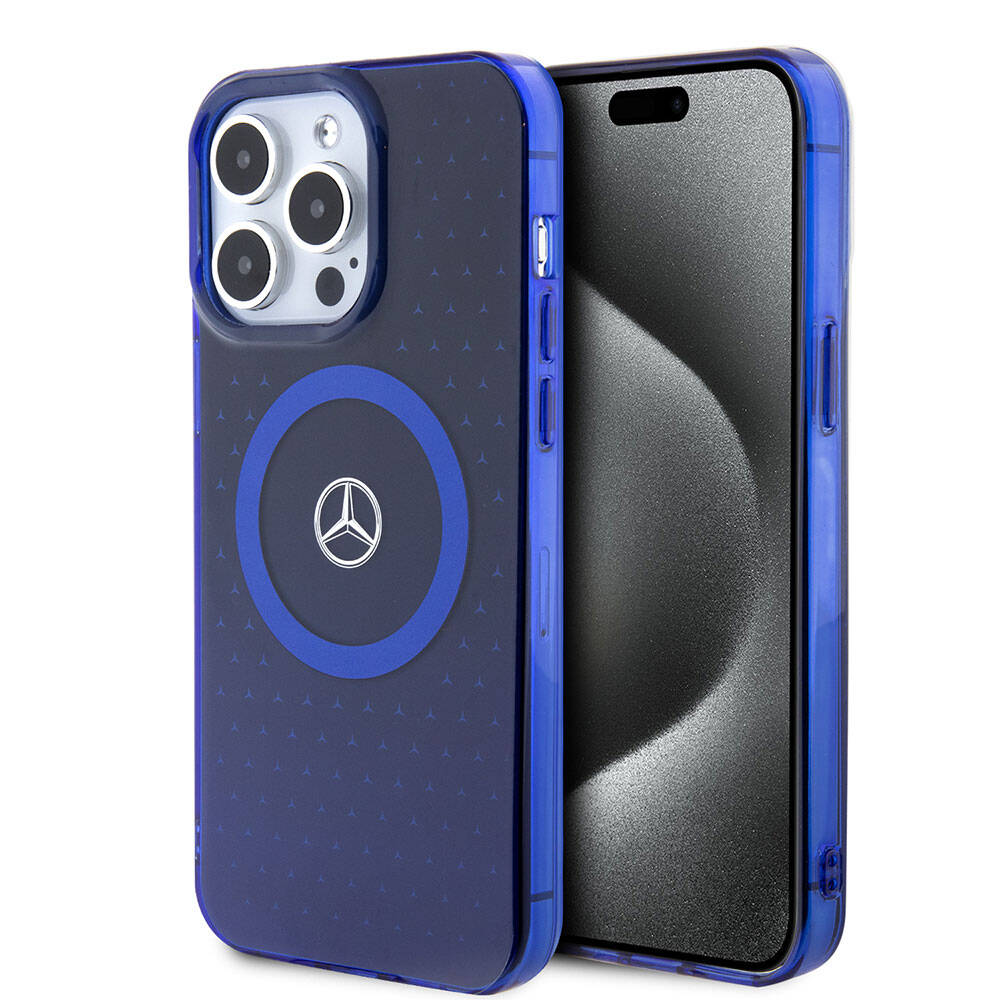 Apple iPhone 15 Pro Max Uyumlu Kılıf Mercedes Benz Orjinal Lisanslı M-safe Şarj Özellikli Çift Katmanlı Mavi Yıldız Desenli Kapak