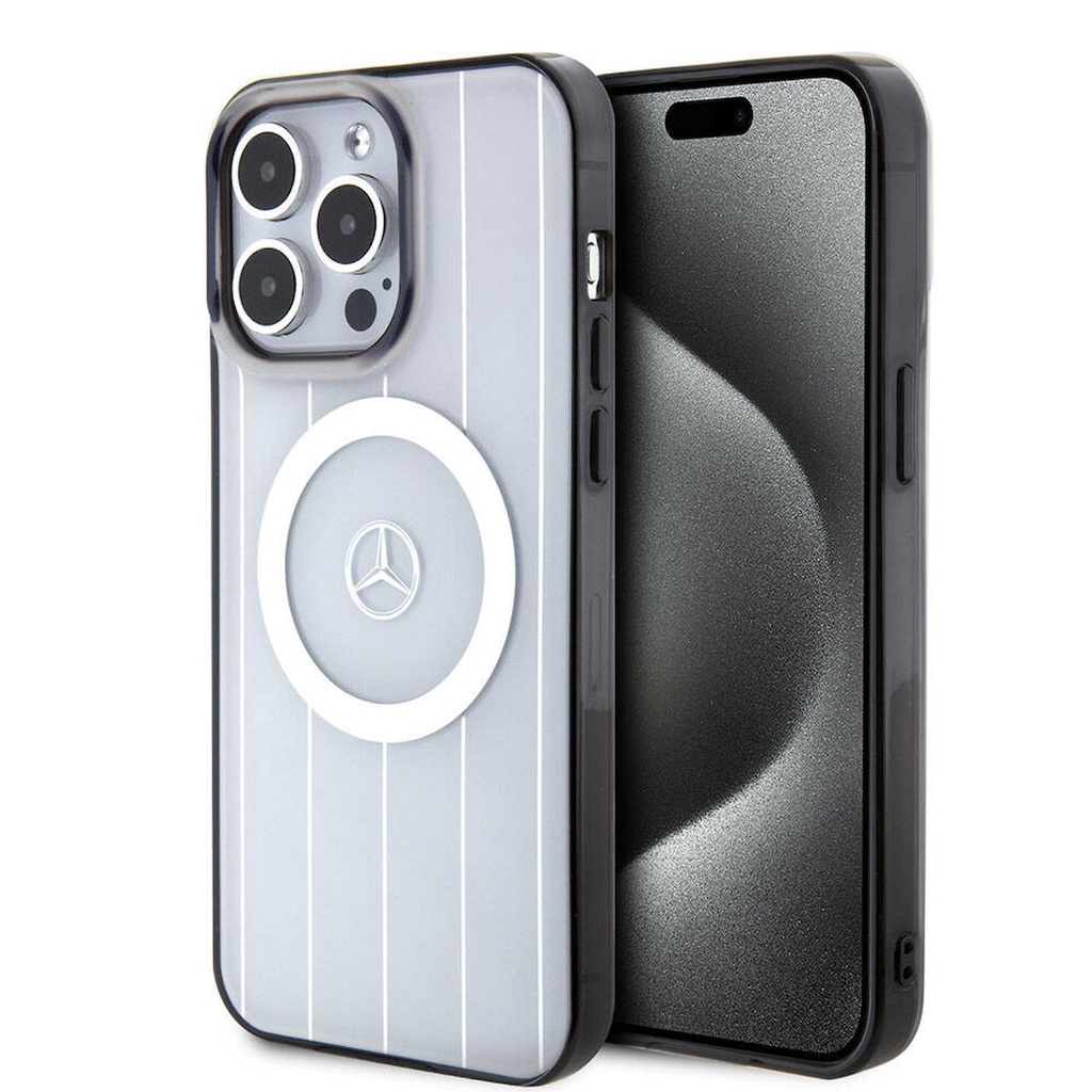 Apple iPhone 15 Pro Max Uyumlu Kılıf Mercedes Benz Orjinal Lisanslı M-safe Şarj Özellikli Çift Katmanlı Paralel Çizgi Desenli Kapak