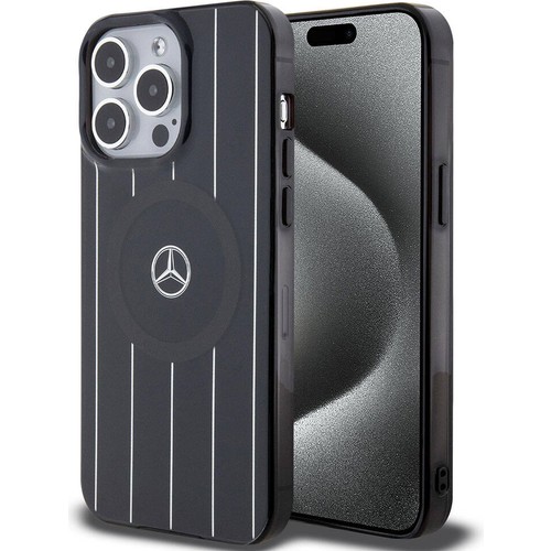 Apple iPhone 15 Pro Max Uyumlu Kılıf Mercedes Benz Orjinal Lisanslı M-safe Şarj Özellikli Çift Katmanlı Paralel Çizgi Desenli Kapak