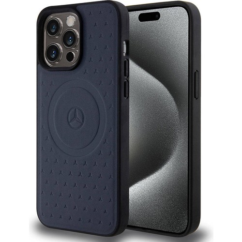 Apple iPhone 15 Pro Max Uyumlu Kılıf Mercedes Benz Orjinal Lisanslı M-safe Şarj Özellikli Mühürlü Yıldız Desenli ve Logolu Deri Kapak