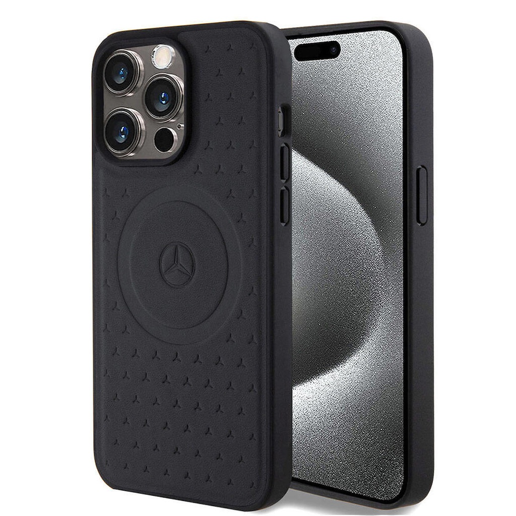 Apple iPhone 15 Pro Max Uyumlu Kılıf Mercedes Benz Orjinal Lisanslı M-safe Şarj Özellikli Mühürlü Yıldız Desenli ve Logolu Deri Kapak