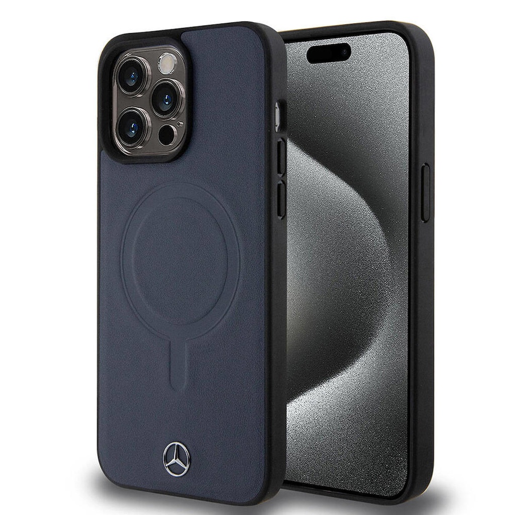 Apple iPhone 15 Pro Max Uyumlu Kılıf Mercedes Benz Orjinal Lisanslı M-safe Şarj Özellikli Metal Yıldız Logolu Pürüzsüz Deri Kapak
