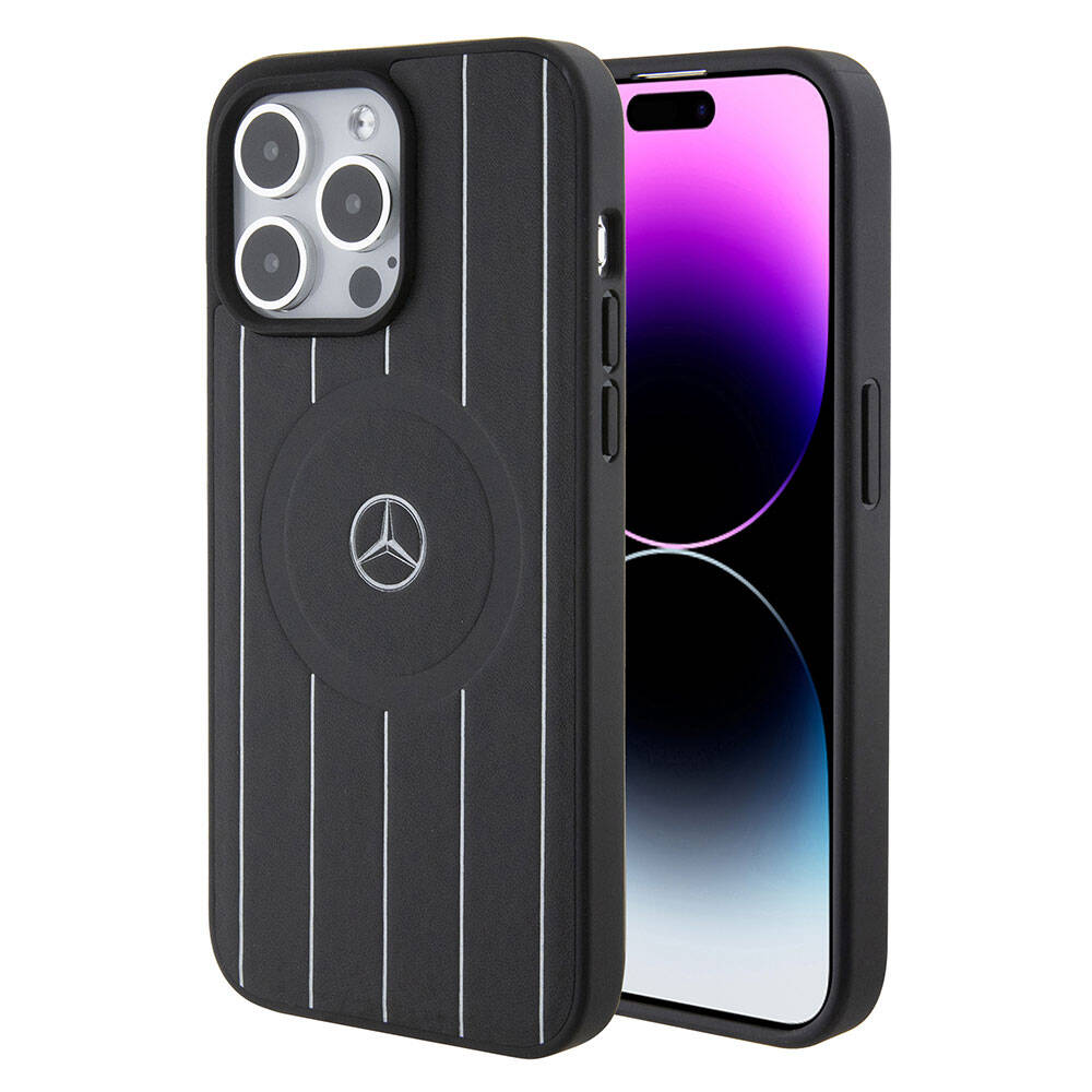 Apple iPhone 15 Pro Max Uyumlu Kılıf Mercedes Benz Orjinal Lisanslı M-safe Şarj Özellikli Baskı Logolu Paralel Çizgi Desenli Deri Kapak