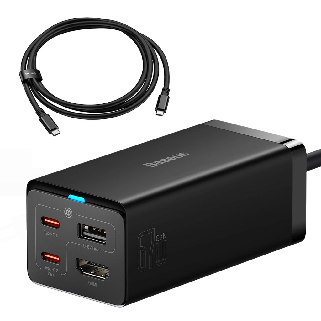 Baseus GaN5 Pro 67W Telefon Tablet Macbook Pro Masa Üstü Hızlı Şarj + HUB ( HDMI + Type-C + Usb-A Data )