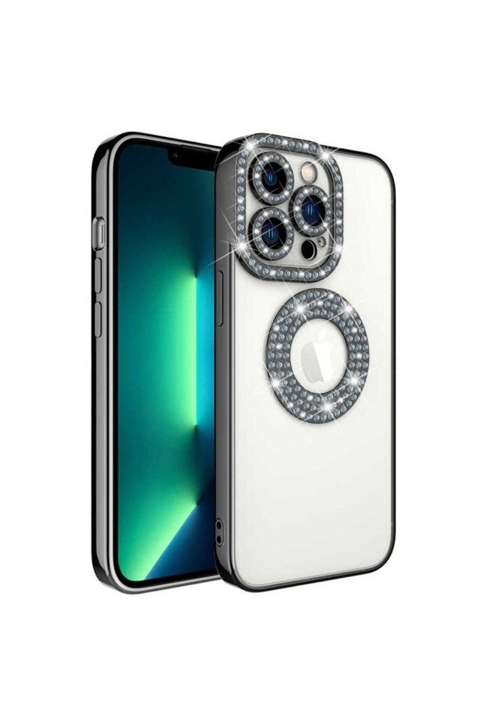 [RNZ-TA76957] Apple iPhone 13 Pro Uyumlu Kılıf Kamera Korumalı Taş Süslemeli Arkası Şeffaf Zore Asya Kapak (Siyah)