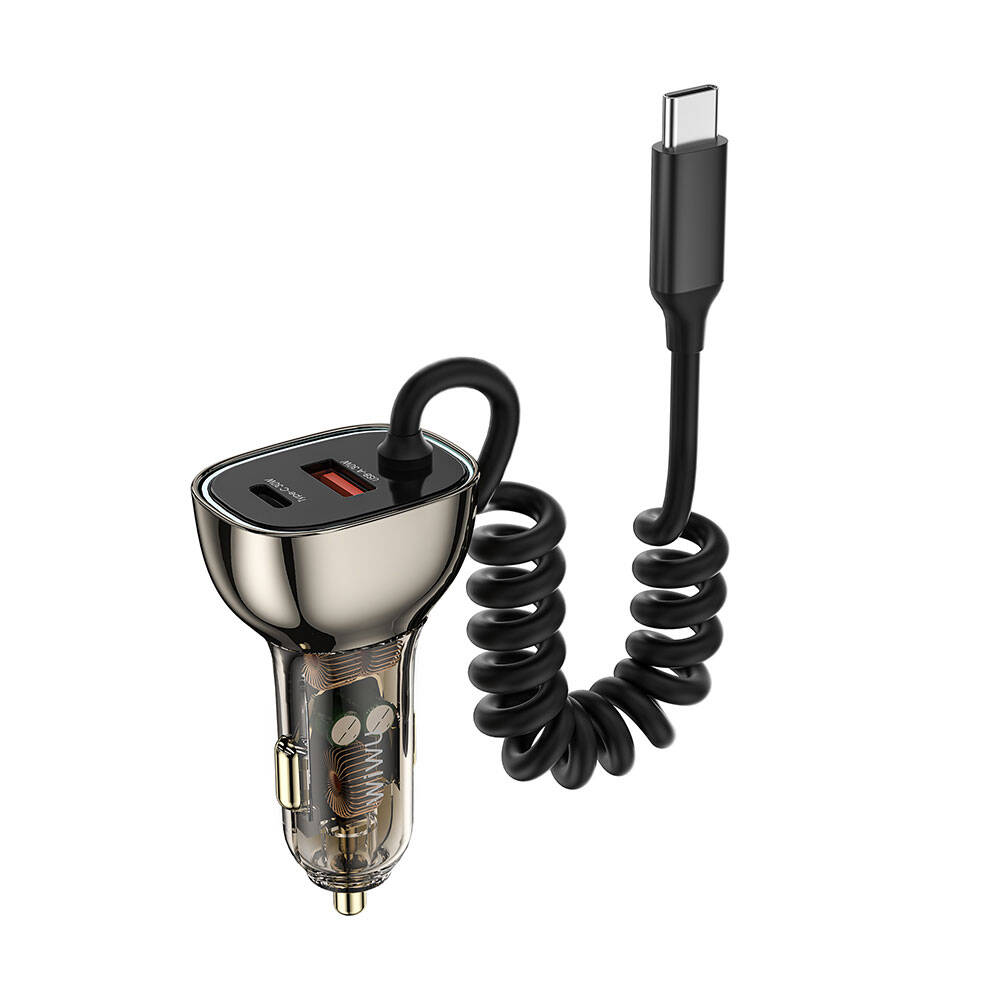 [RNZ-TA97921] Wiwu Wi-QC016 Geek Serisi Type-C + Type-C Kablolu + USB-A Hızlı Şarj Özellikli Transparan Tasarımlı Araç Şarj Aleti 90W