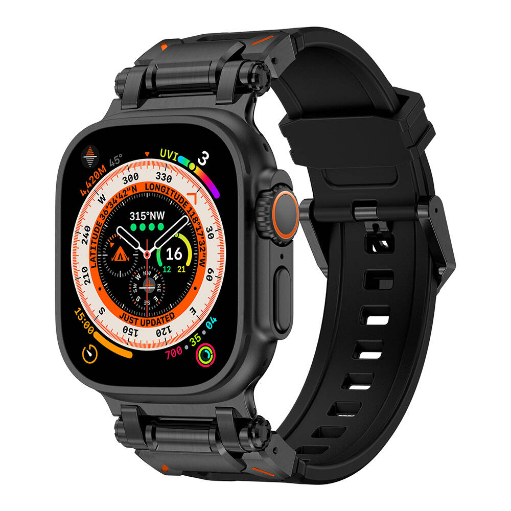 [RNZ-TA99894] Apple Watch Ultra 49mm Uyumlu Zore KRD-101 Titanyum Metal Başlıklı Silikon Kordon (Siyah)