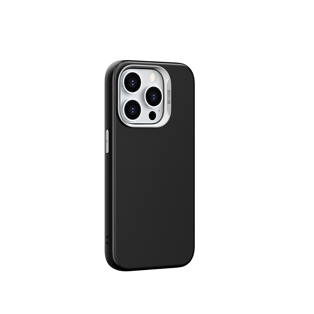 [RNZ-TA100155] Apple iPhone 15 Pro Uyumlu Kılıf Wiwu SP-019 M-safe Şarj Özellikli Vegan Leather Deri Kapak (Siyah)
