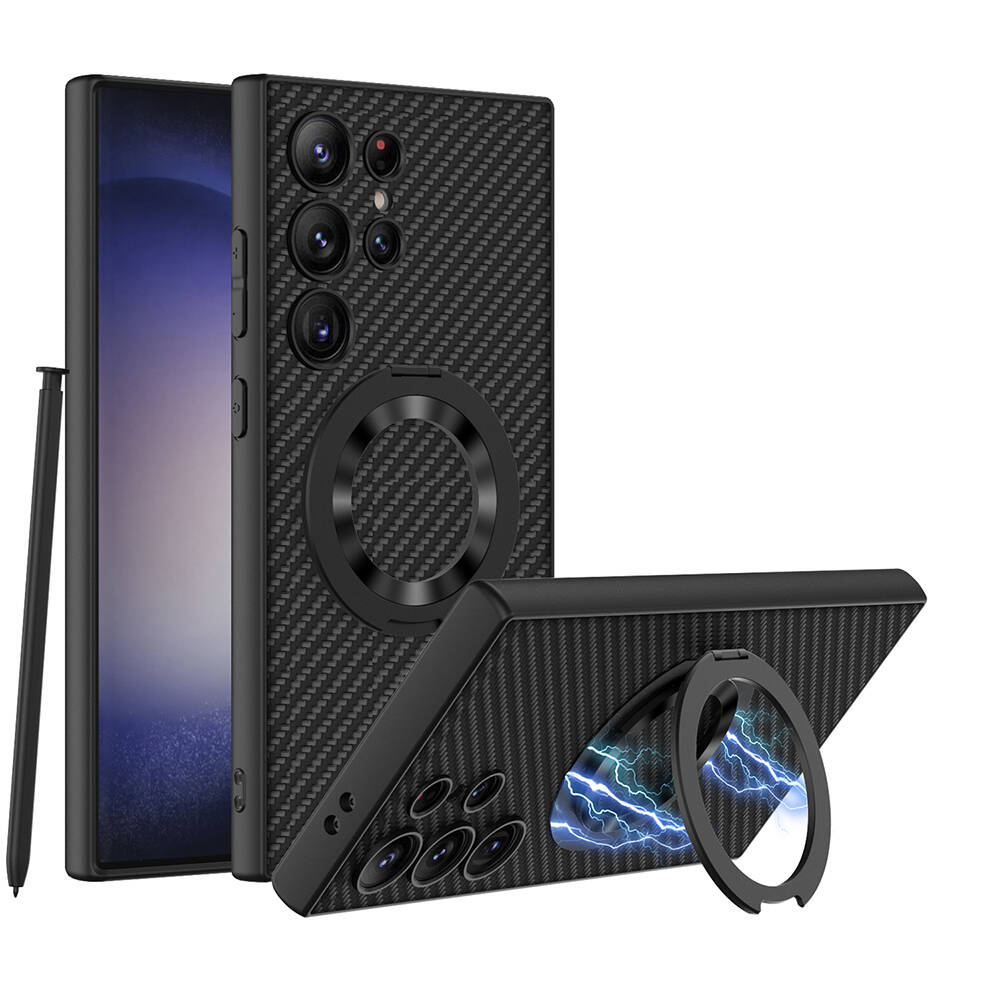 Samsung Galaxy S24 Ultra Uyumlu Wireless Şarj Özellikli Zore Kıpta Standlı M-safe Silikon Kapak