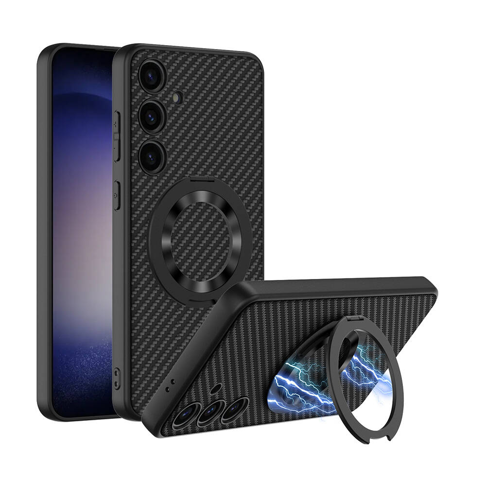 [RNZ-TA100141] Samsung Galaxy S24 Uyumlu Wireless Şarj Özellikli Zore Kıpta Standlı M-safe Silikon Kapak (Siyah)