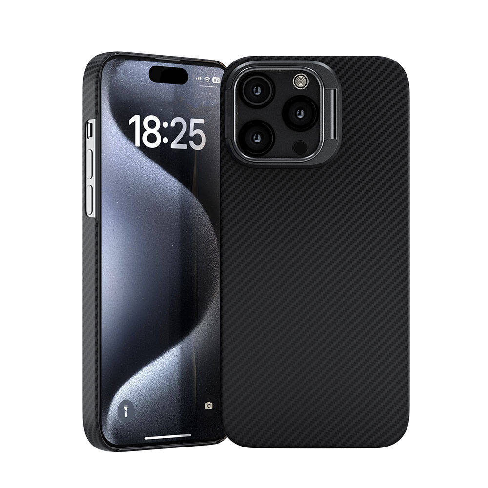 [RNZ-TA98824] Apple iPhone 15 Pro Max Uyumlu Kılıf M-safe Şarj Özellikli 600D Kevlar Zore Krek Karbon Standlı Kapak