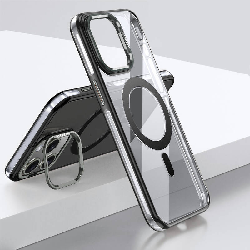 [RNZ-TA99439] Apple iPhone 15 Pro Max Uyumlu Kılıf M-safe Şarj Özellikli Wlons Standlı Efsane Kapak (Siyah)