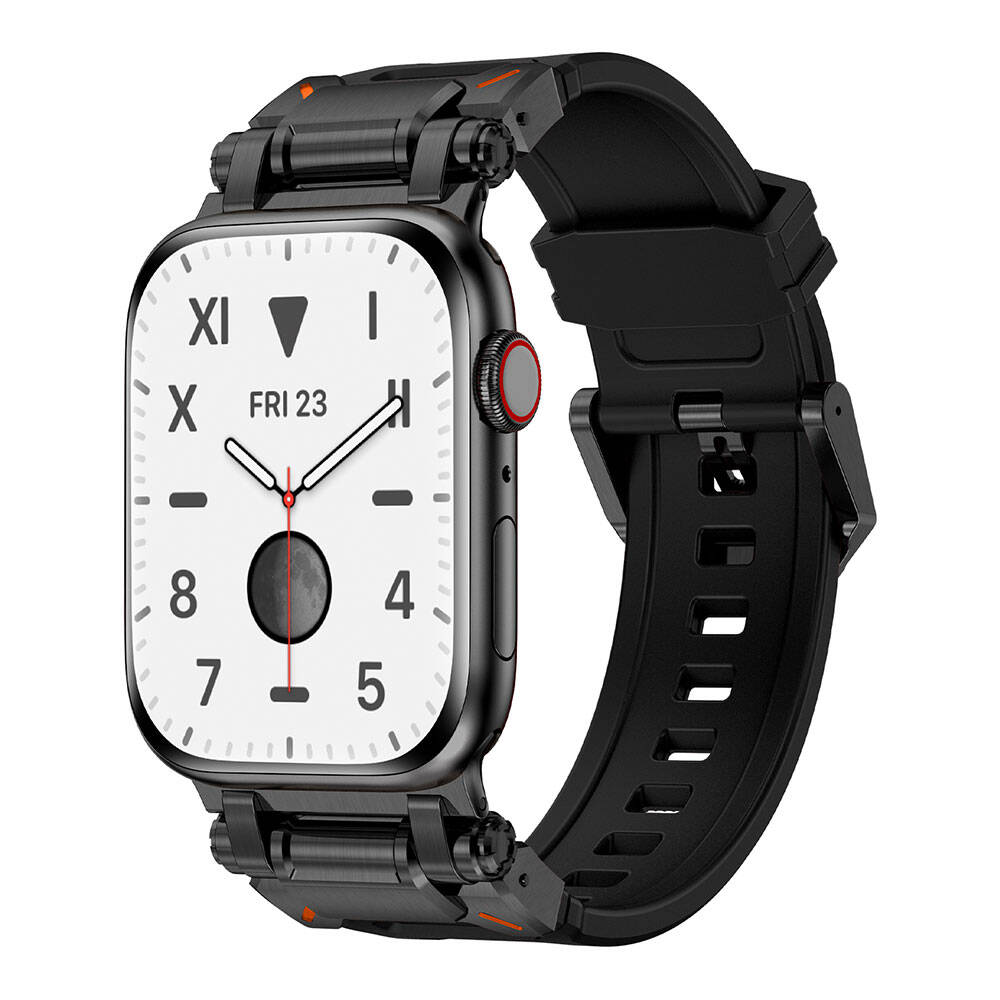 [RNZ-TA99884] Apple Watch 44mm Uyumlu Zore KRD-101 Titanyum Metal Başlıklı Silikon Kordon (Siyah)