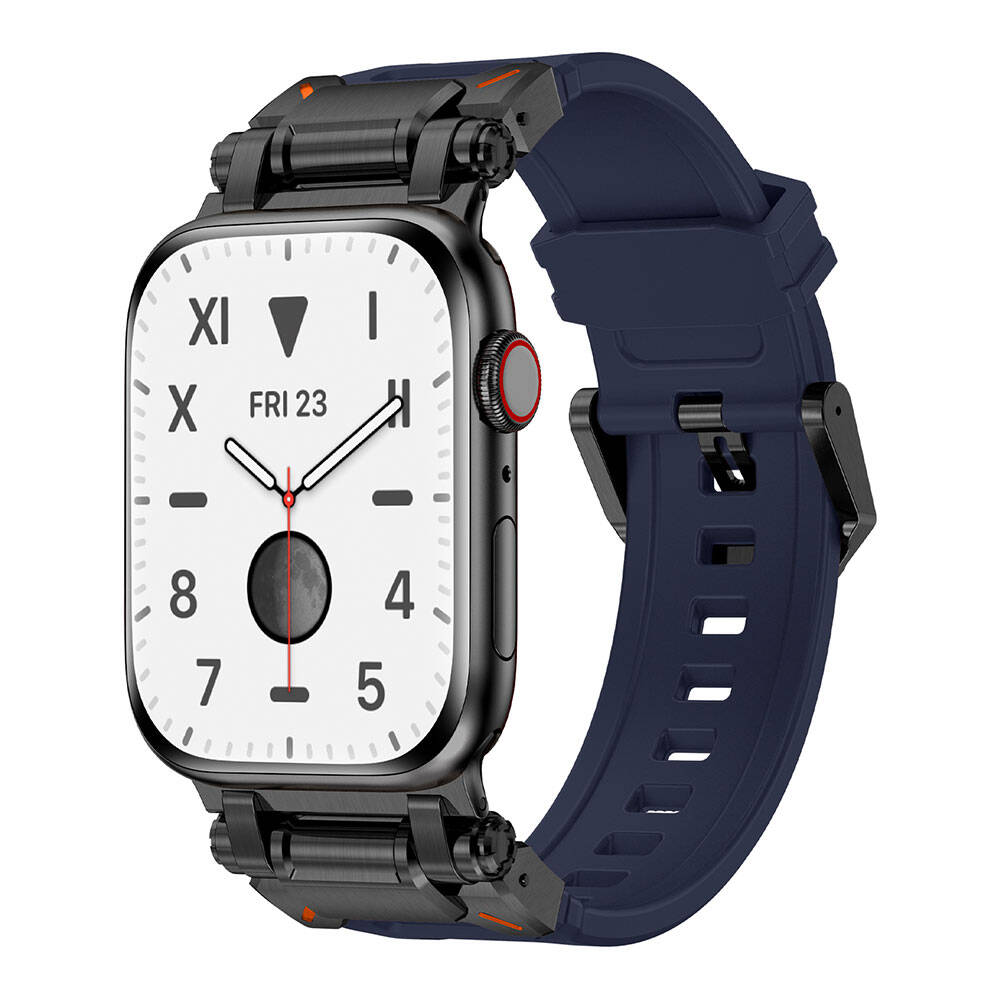 Apple Watch 44mm Uyumlu Zore KRD-101 Titanyum Metal Başlıklı Silikon Kordon