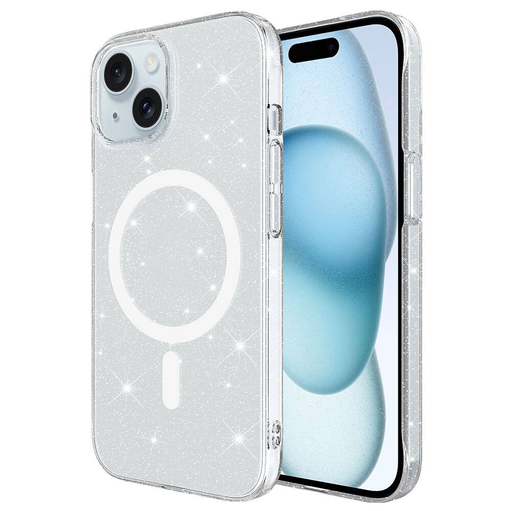 [RNZ-TA100255] Apple iPhone 15 Uyumlu Kılıf Zore Magsafe Şarj Özellikli Simli Şeffaf Arka Yüzey Erdos Silikon Kapak