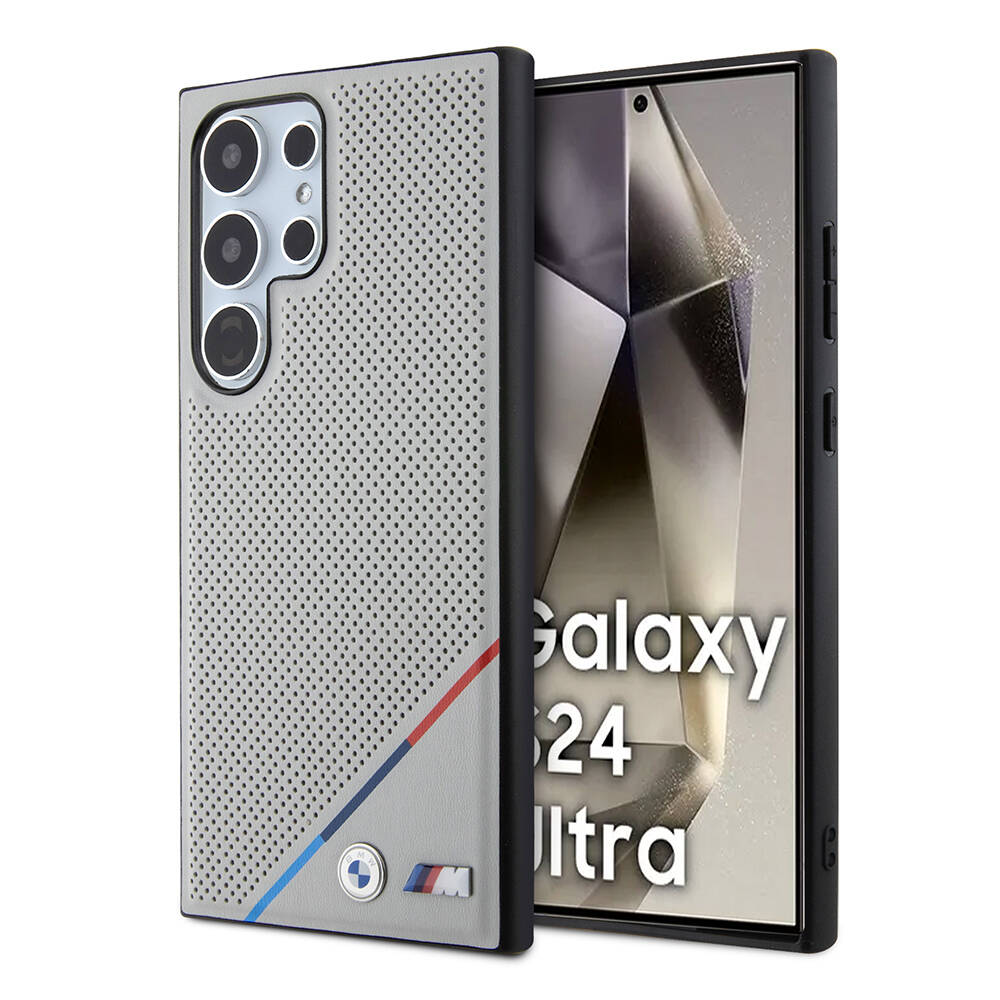 Samsung Galaxy S24 Ultra Uyumlu Kılıf BMW Orjinal Lisanslı M-safe Şarj Özellikli M Logolu Üç Çizgili Delikli Deri Kapak